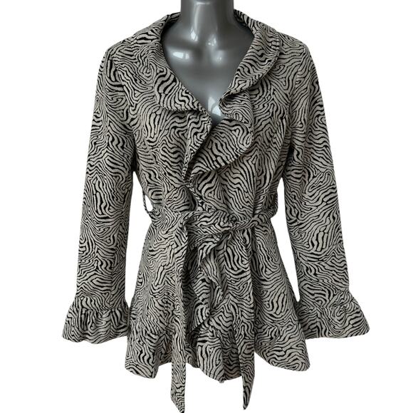 Sandro Studio Blazer Gray Ruffled Belted Geometric Jacket Women's Size Small - Picture 11 of 11